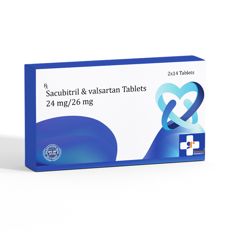 Box of Sacubitril & Valsartan tablets 24mg/26mg front image