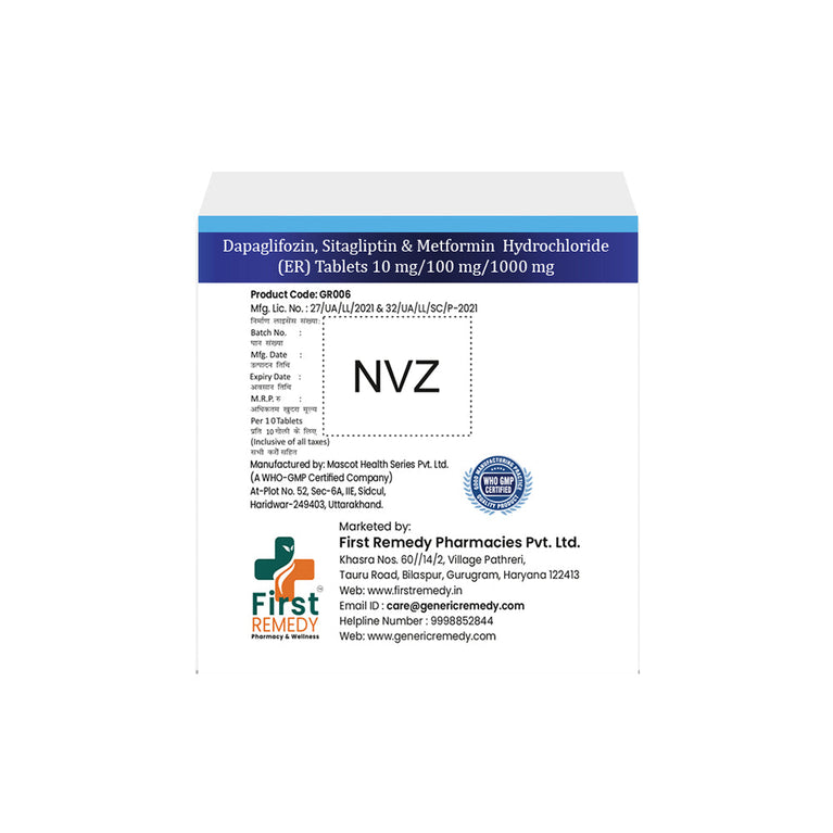 Sitagliptin 100 mg, Dapagliflozin 10 mg & Metformin 1000 mg Tablets IP