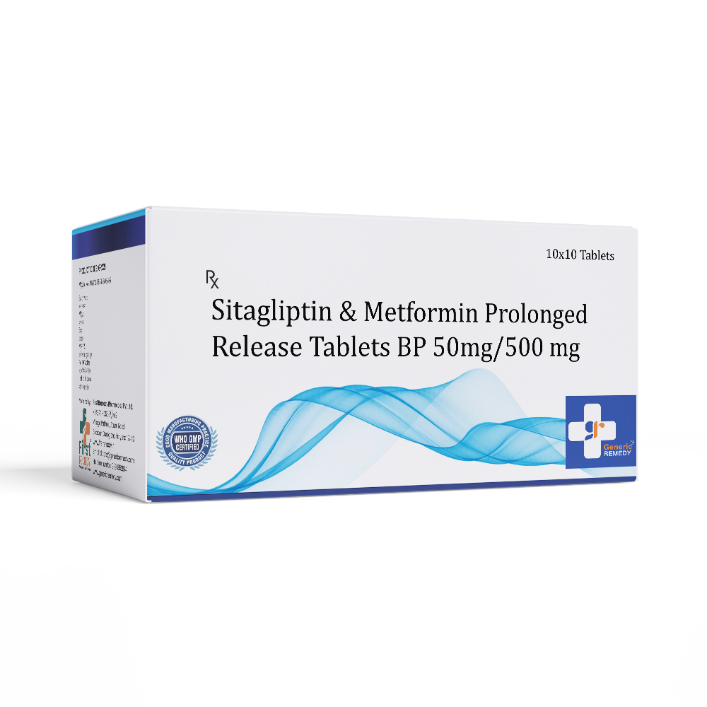 Box of Sitagliptin & Metformin Prolonged Release Tablets BP 50mg/500 mg on a white background