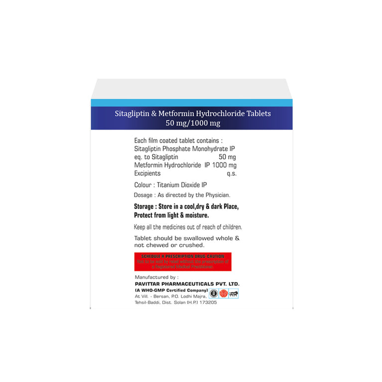 Sitagliptin 50mg & Metformin Hydrochloride 1000mg Tablets IP