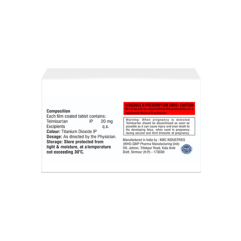 Box of Telmisartan 20mg tablets composition image