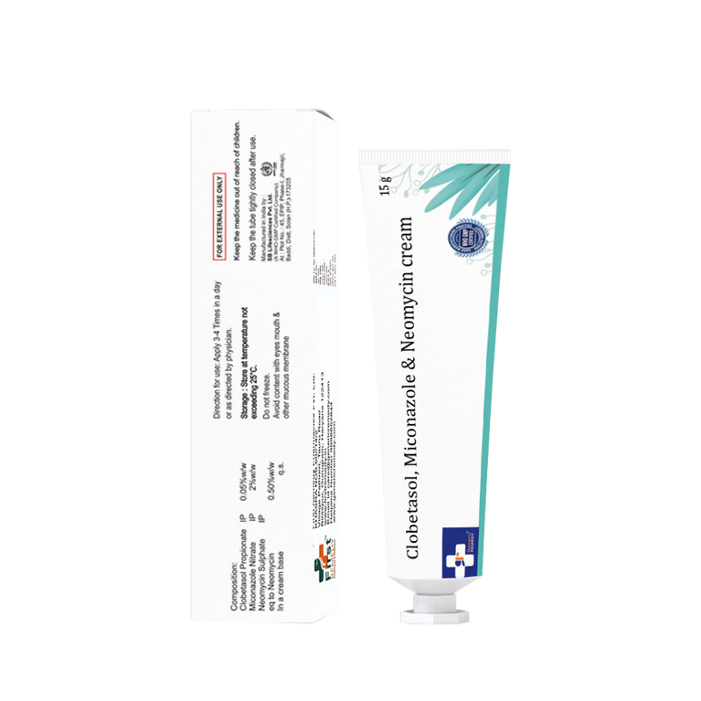 Tube of Clobetasol, Miconazole & Neomycin Cream composition images