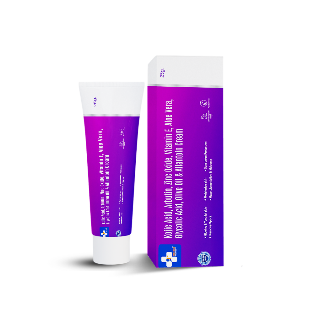 Tube of Kojic Acid, Arbutin, Glycolic Acid, Zinc Oxide, Vitamin E, Olive Oil, Aloe Vera & Allantoin cream front image