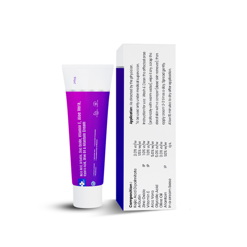 Tube of Kojic Acid, Arbutin, Glycolic Acid, Zinc Oxide, Vitamin E, Olive Oil, Aloe Vera & Allantoin cream composition image