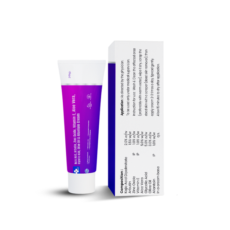 Tube of Kojic Acid, Arbutin, Glycolic Acid, Zinc Oxide, Vitamin E, Olive Oil, Aloe Vera & Allantoin cream composition image