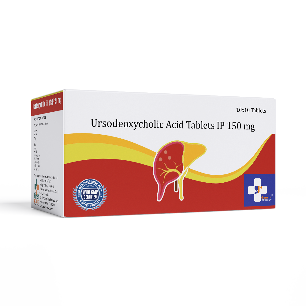 Ursodeoxycholic Acid Tablets 150 mg with a liver icon