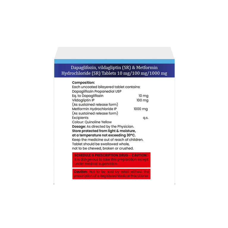 Vildagliptin 100 mg, Dapagliflozin 10 mg & Metformin 1000mg Tablet IP