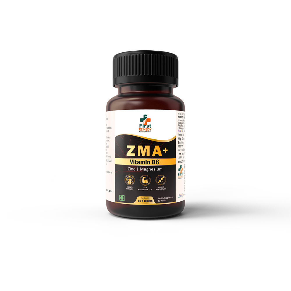 A bottle of First Choice ZMA+ Vitamin B6 dietary supplement, featuring a dark amber brown bottle with a black ribbed cap and a white label with black and gold text.