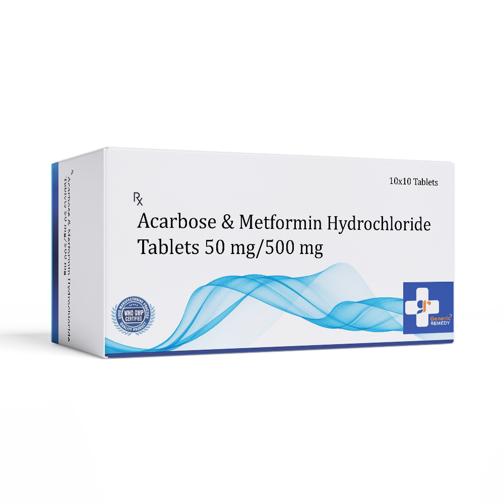 Box of Acarbose & Metformin Hydrochloride tablets 50/500mg front image