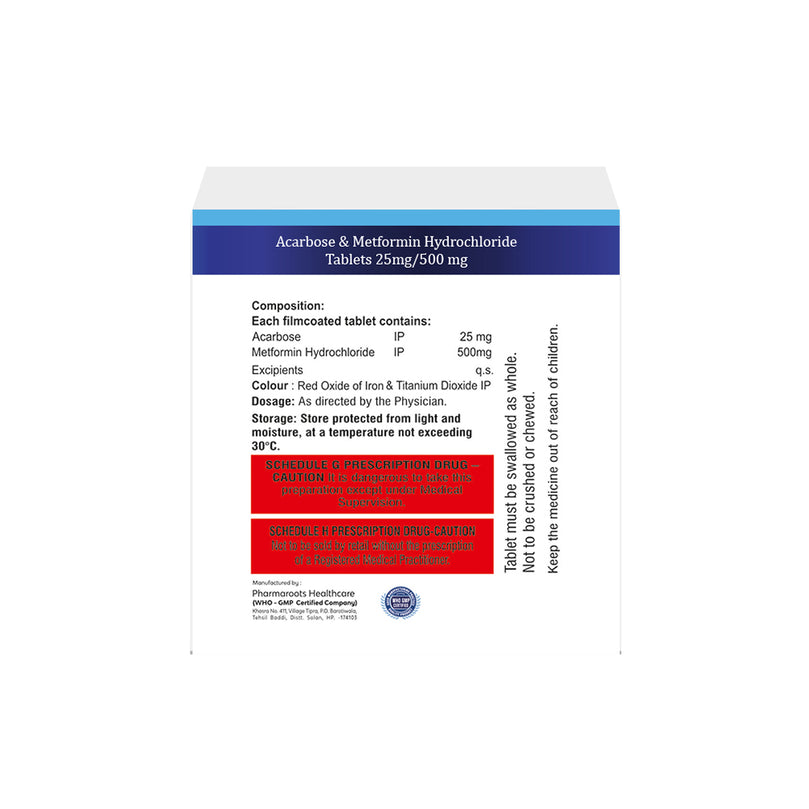 Box of Acarbose & Metformin tablets 25mg/500mg composition image