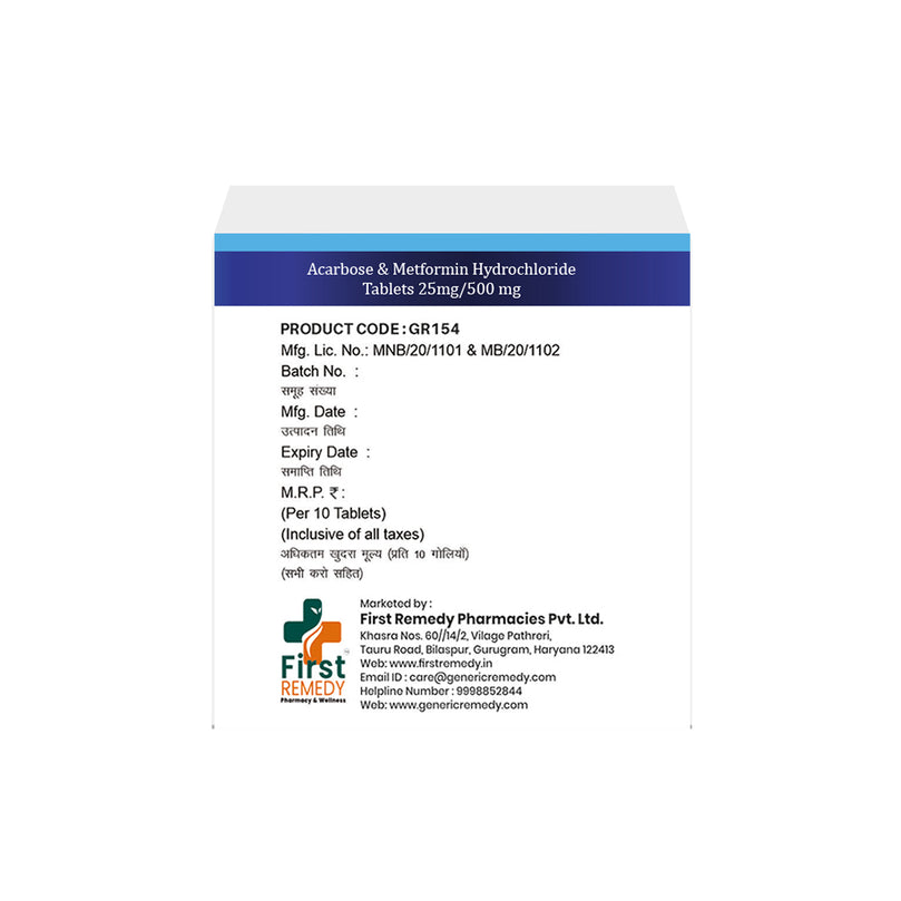 Box of Acarbose & Metformin tablets 25mg/500mg back image