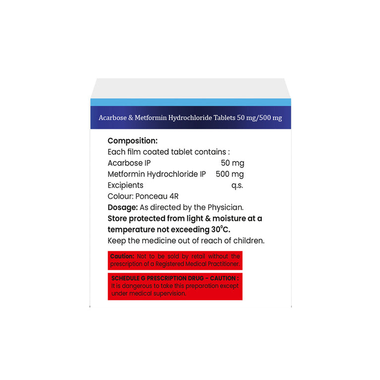 Box of Acarbose & Metformin tablets 50mg/500mg composition image