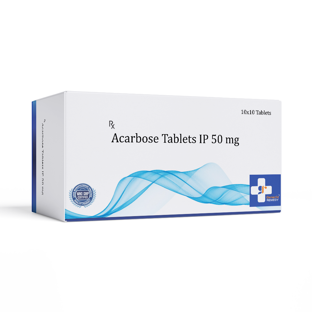 Box of Acarbose tablets 50mg front image