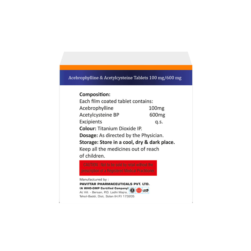 Box of Acebrophylline & Acetylcysteine tablets 100mg/600mg composition image