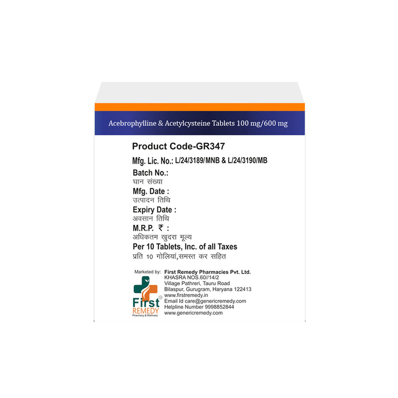 Box of Acebrophylline & Acetylcysteine tablets 100mg/600mg back image