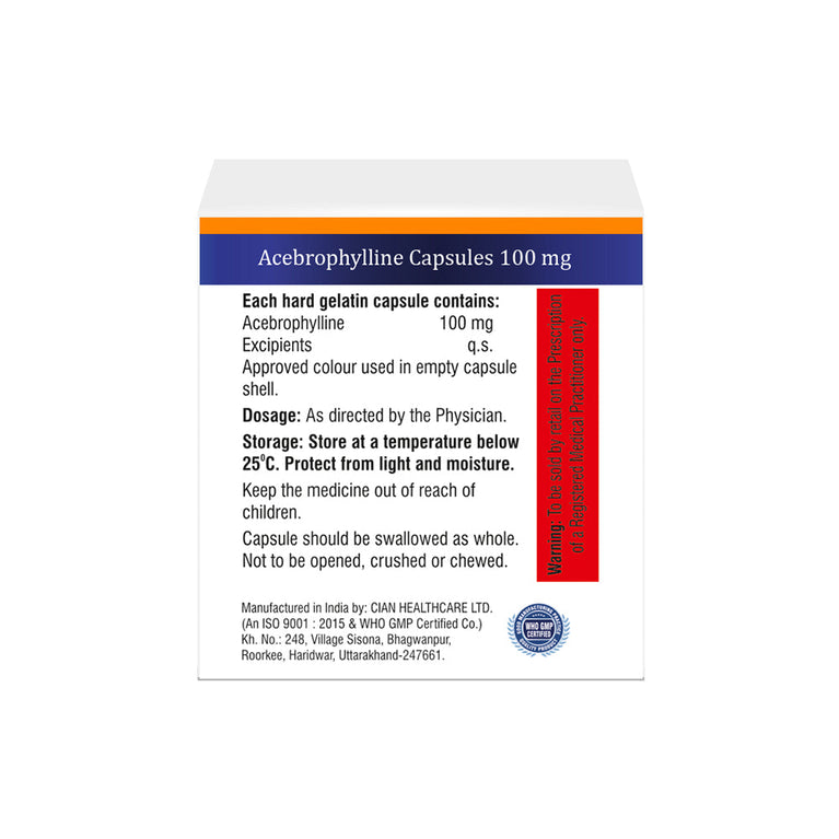 Box of Acebrophylline capsules 100mg composition image