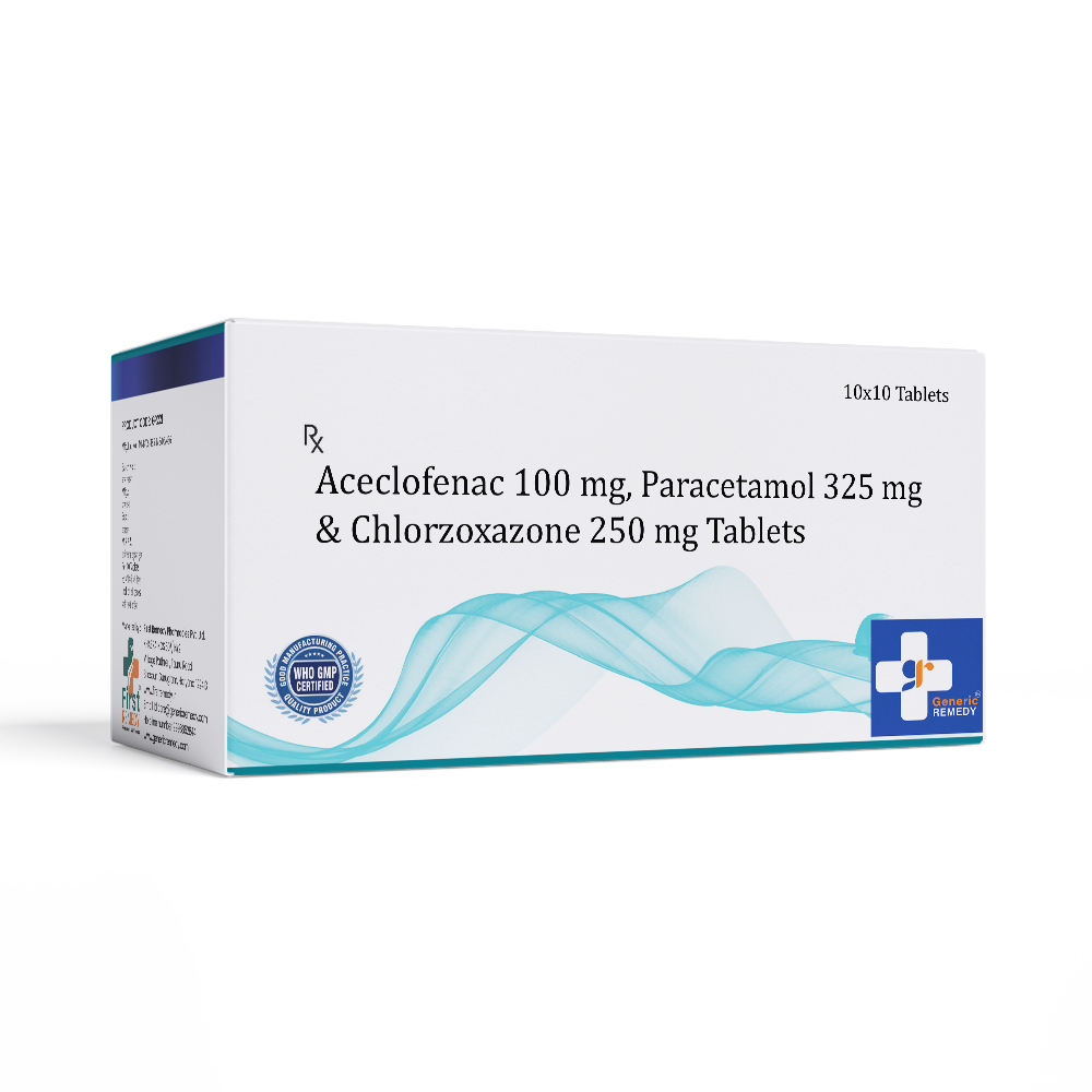 Box of Aceclofenac 100mg, Paracetamol 325mg & Chlorzoxazone 250mg tablets front image