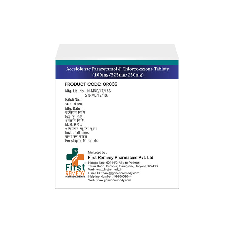 Box of Aceclofenac, Paracetamol & Chlorzoxazone tablets 100mg,325mg,250mg back image
