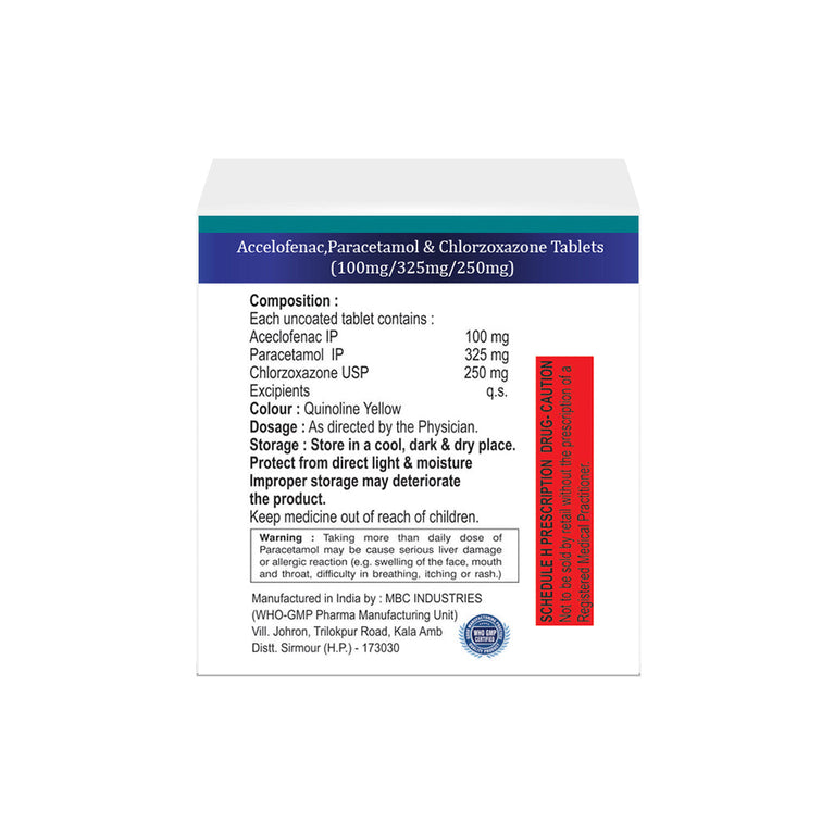 Box of Aceclofenac, Paracetamol & Chlorzoxazone tablets 100mg/325mg/250mg composition image