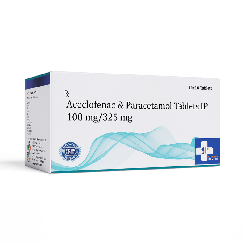 Box of Aceclofenac & Paracetamol tablets 100/325mg front image