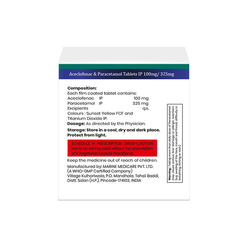 Box of Aceclofenac& Paracetamol tablets 100mg/325mg composition image