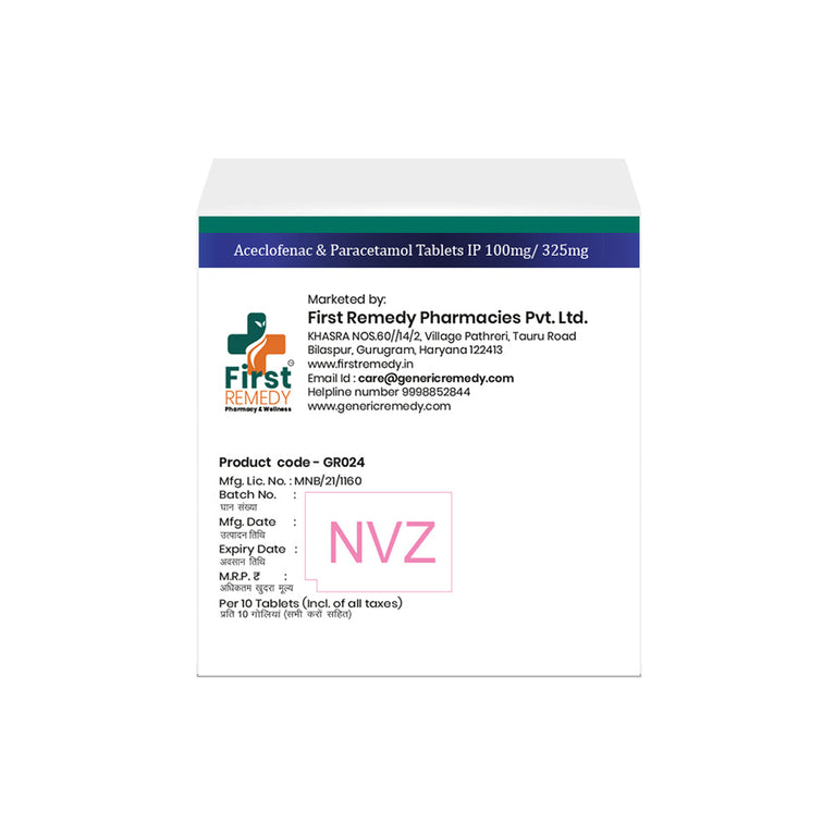 Box of Aceclofenac & Paracetamol tablets 100mg/325mg back image