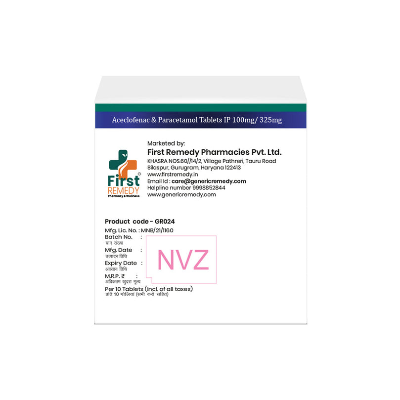 Box of Aceclofenac & Paracetamol tablets 100mg/325mg back image