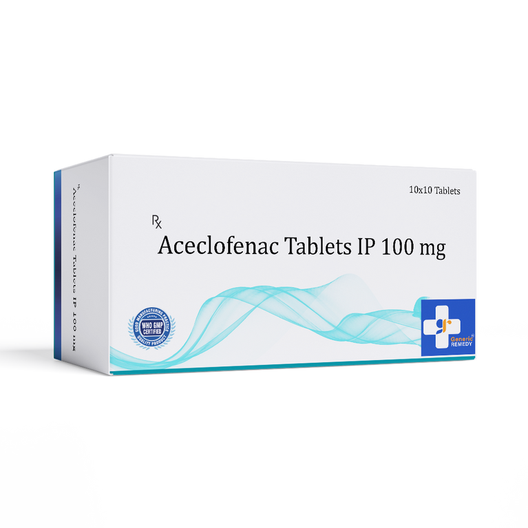 Box of Aceclofenac tablets 100mg front image