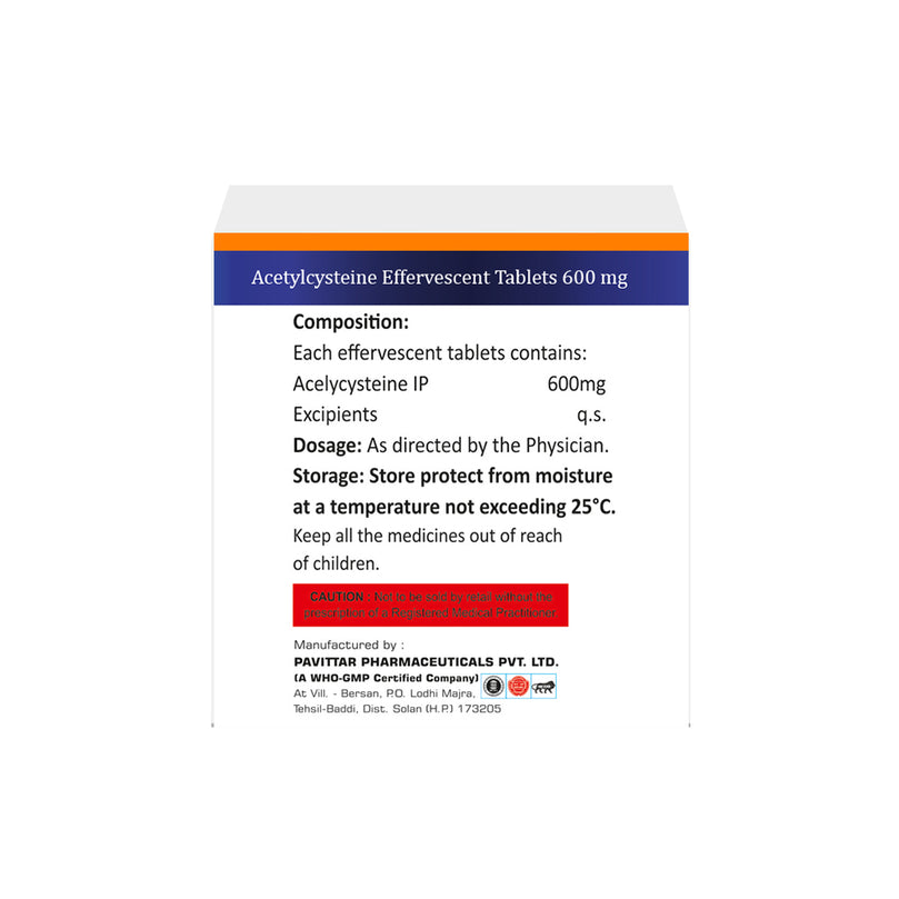 Box of Acetylcysteine Effervescent tablets 600mg composition image