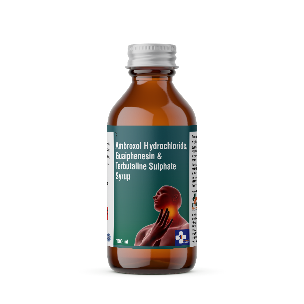 Bottle of Ambroxol, Guaiphenesin and Terbutaline Sulphate syrup front image