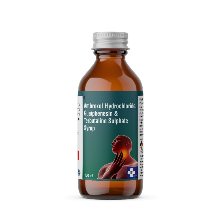 Bottle of Ambroxol, Guaiphenesin and Terbutaline Sulphate syrup front image