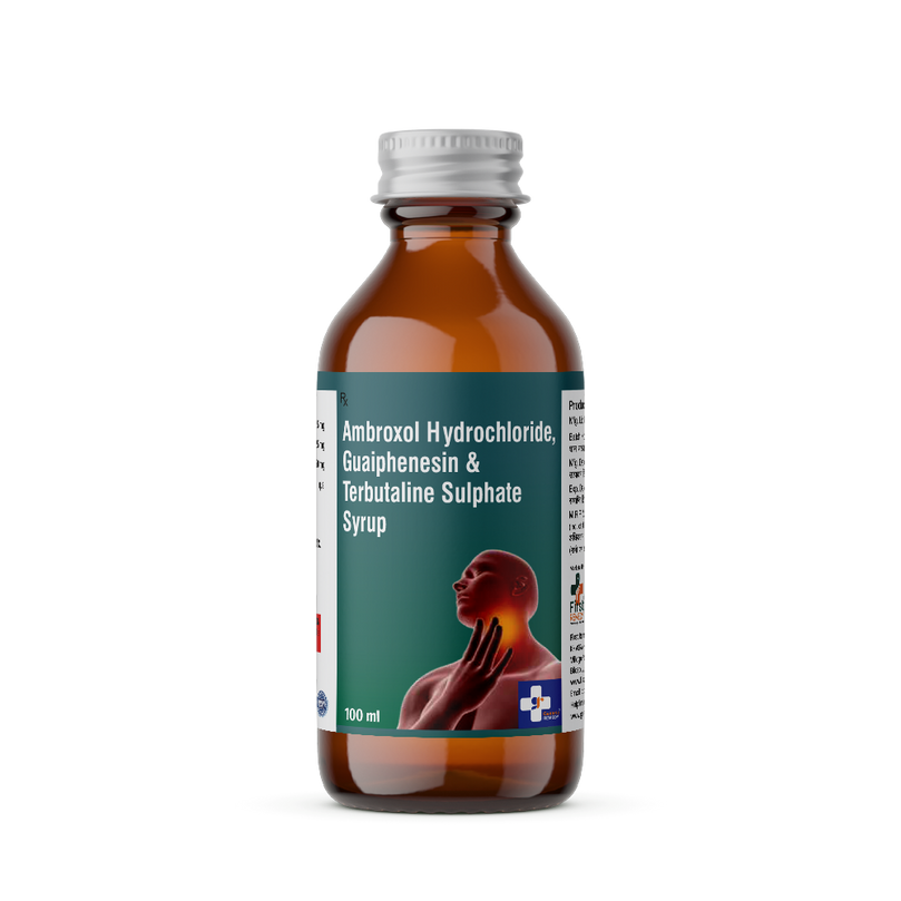 Bottle of Ambroxol, Guaiphenesin and Terbutaline Sulphate syrup front image