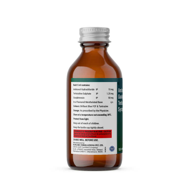 Bottle of Ambroxol, Guaiphenesin & Terbutaline Sulphate syrup composition image