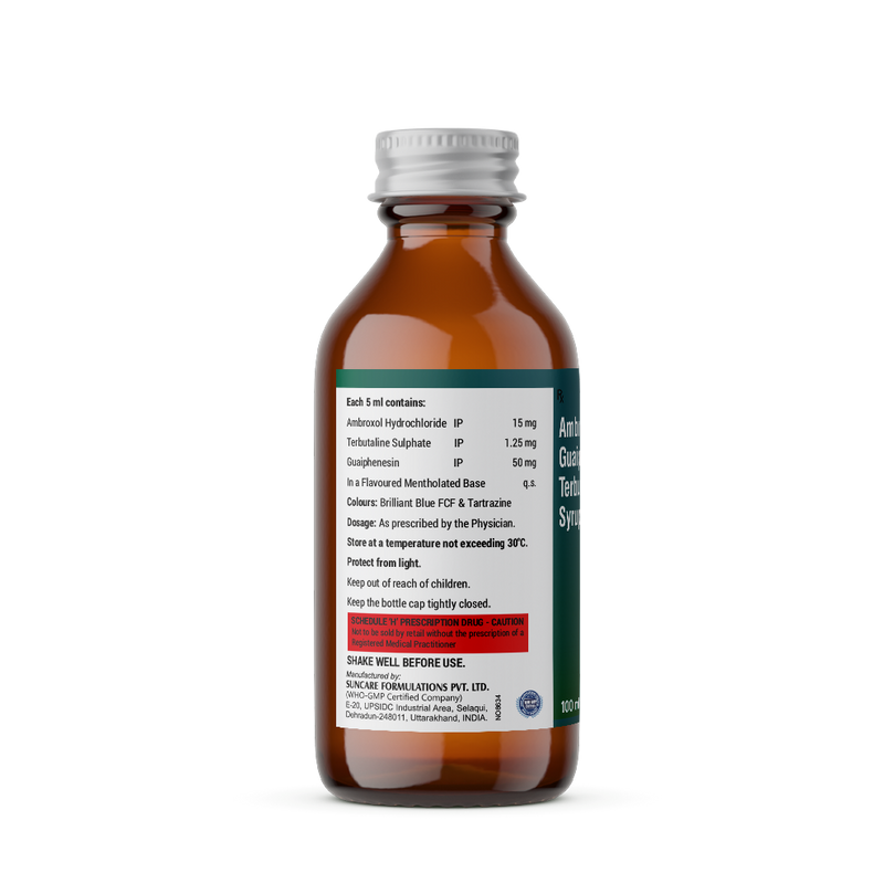 Bottle of Ambroxol, Guaiphenesin & Terbutaline Sulphate syrup composition image