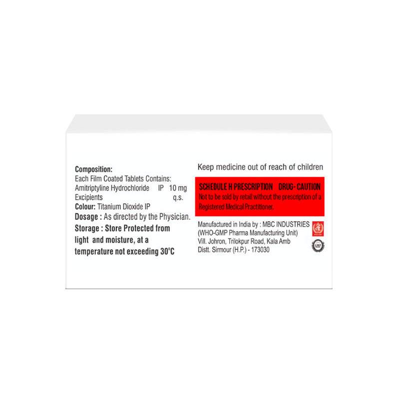Box of Amitriptyline tablets 10mg composition image