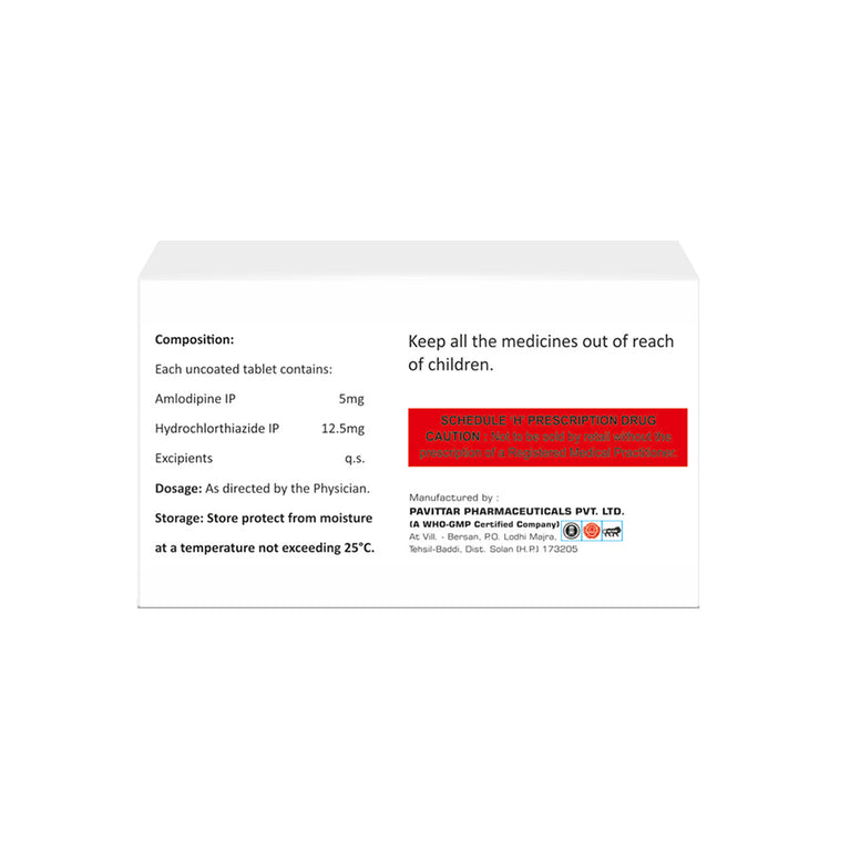 Box of Amlodipine & Hydrochlorothiazide tablets 5mg/12.5mg composition image