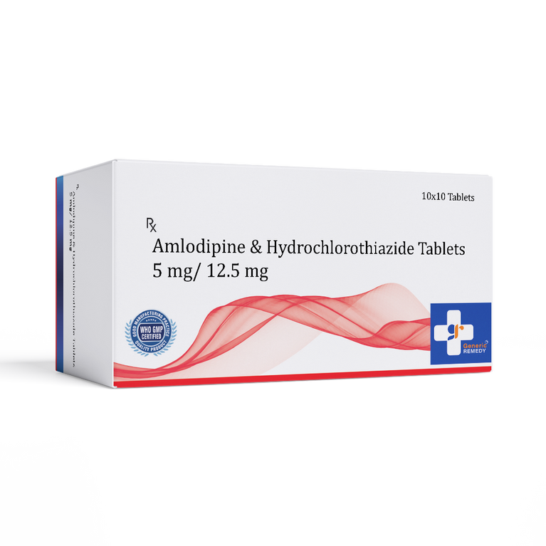 Box of Amlodipine & Hydrochlorothiazide tablets 5mg/12.5mg front image
