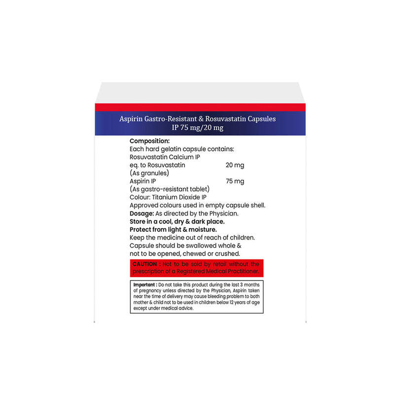 Box of Aspirin & Rosuvastatin capsules 75mg/20mg composition image