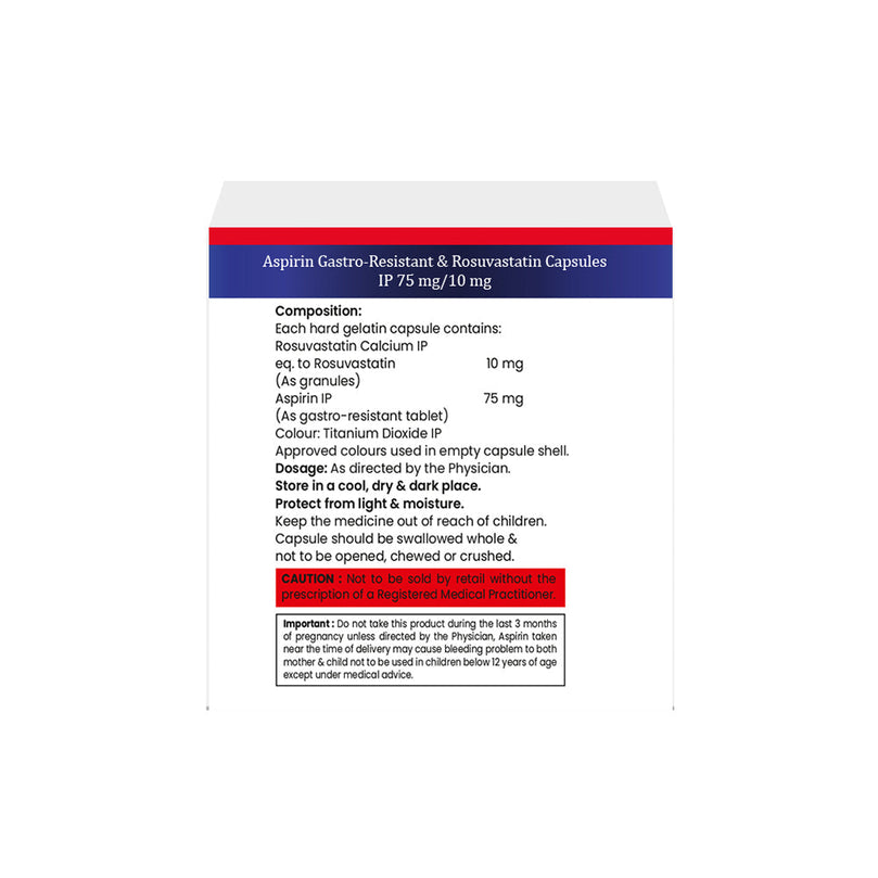 Box of Aspirin & Rosuvastatin capsules 75mg/10mg composition image