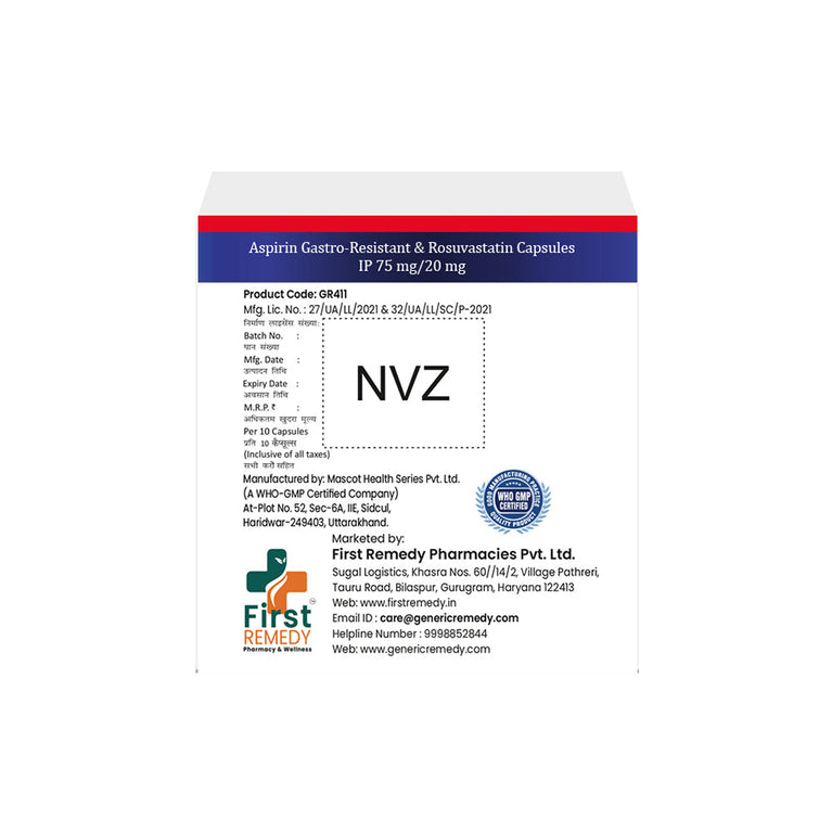 Box of Aspirin & Rosuvastatin capsules 75mg/20mg back image