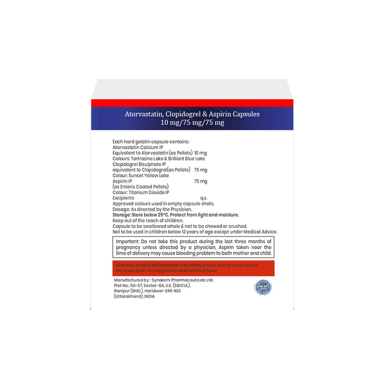 Box of Atorvastatin 10mg, Aspirin 75mg and Clopidogrel 75mg capsule composition image
