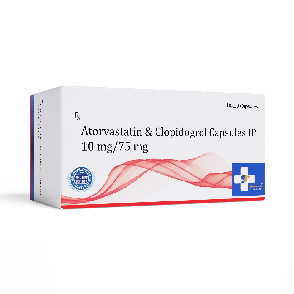 Box of Atorvastatin & Clopidogrel capsules 10mg/75mg front image