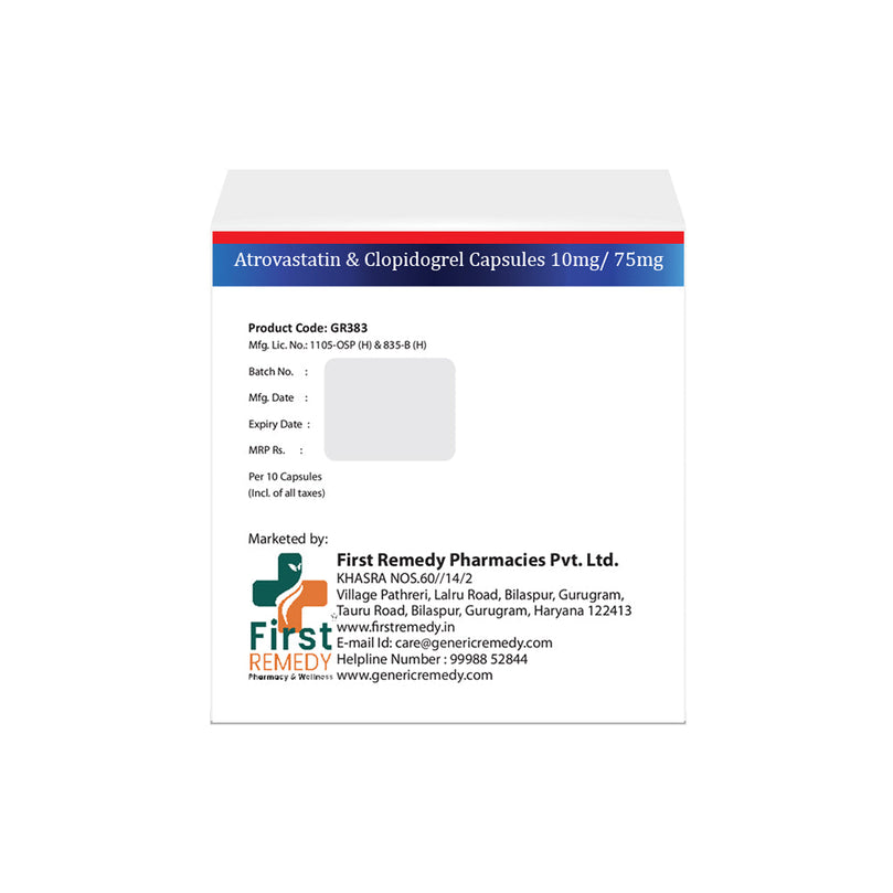 Box of Atorvastatin & Clopidogrel capsules 10mg/75mg back image