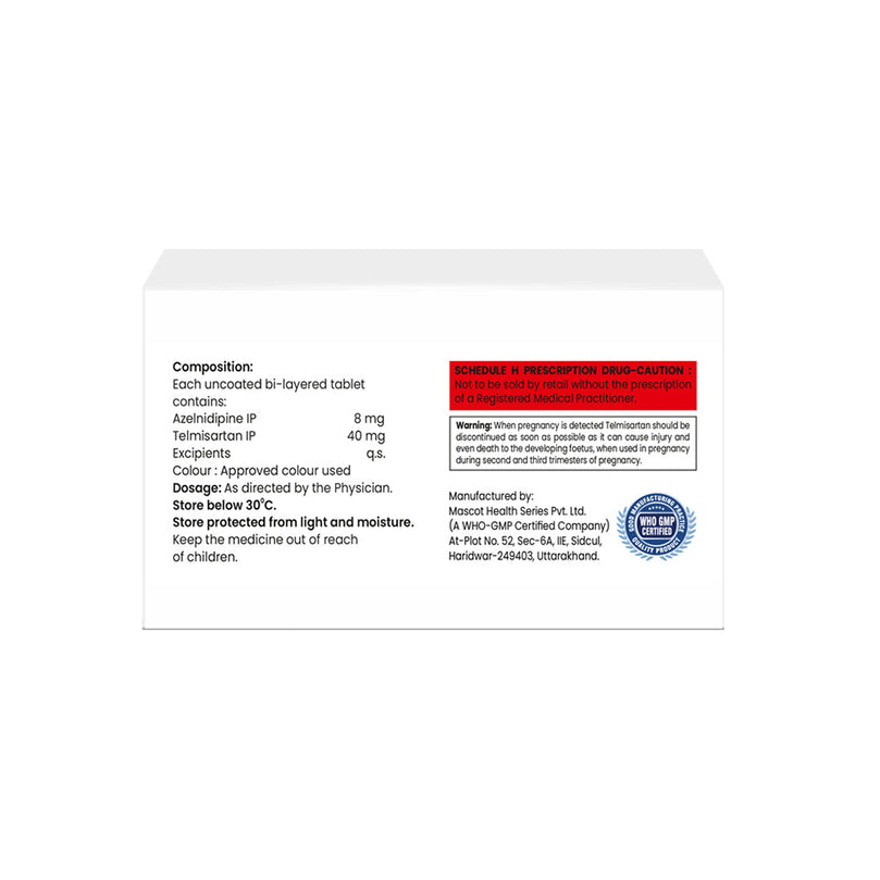 Box of Azelnidipine 8mg & telmisartan 40mg tablets composition image