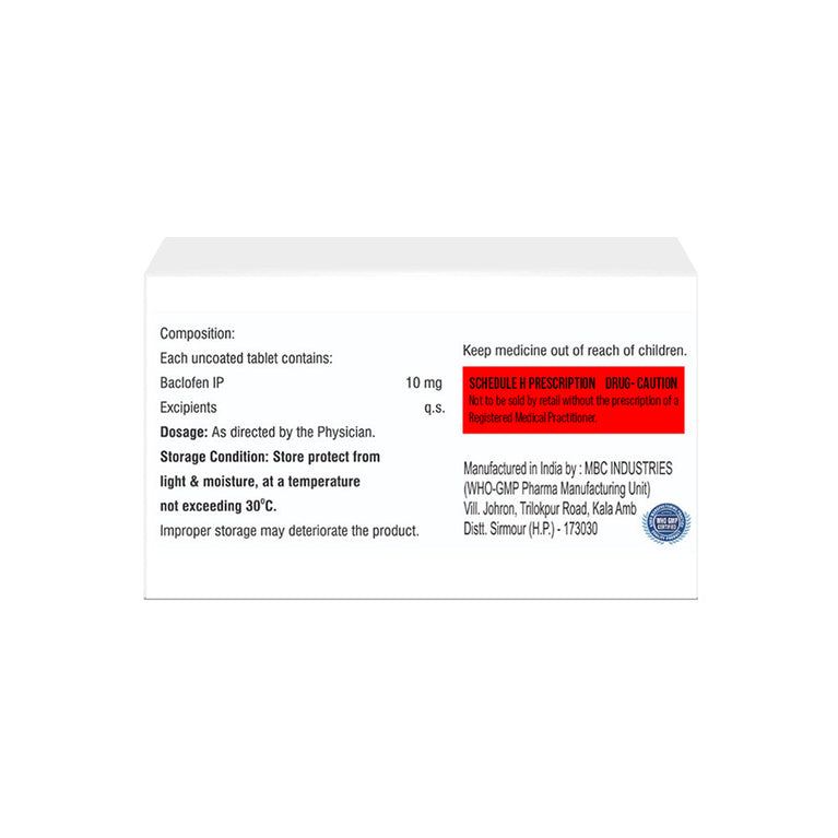 Box of Baclofen tablets 10mg composition image