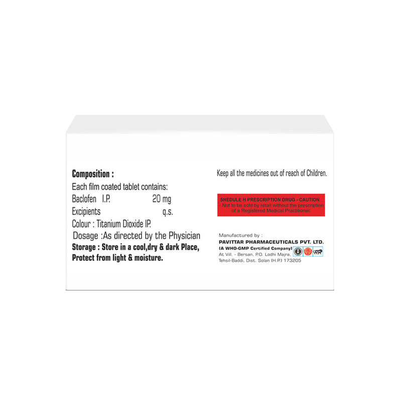 Box of Baclofen tablets 20mg composition image