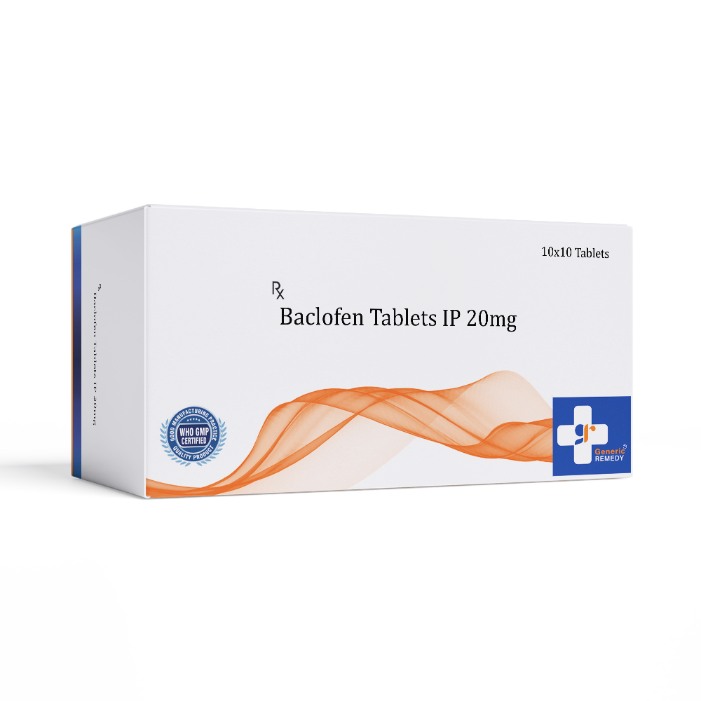 Box of Baclofen tablets 20mg front image