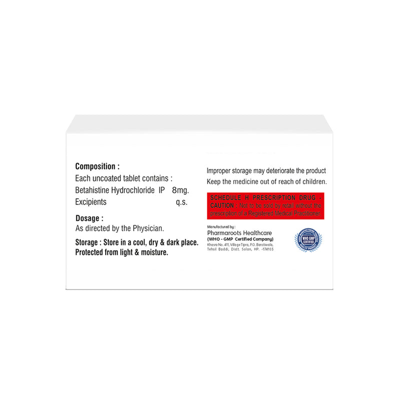 Box of Betahistine tablets 8mg composition image