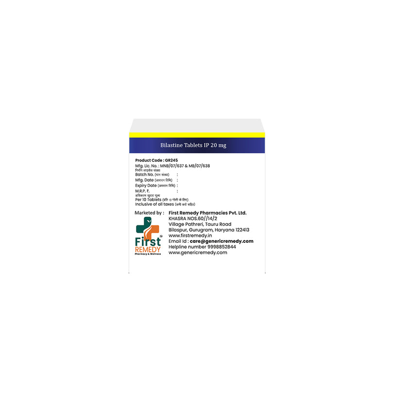 Box of Bilastine tablets 20mg back image