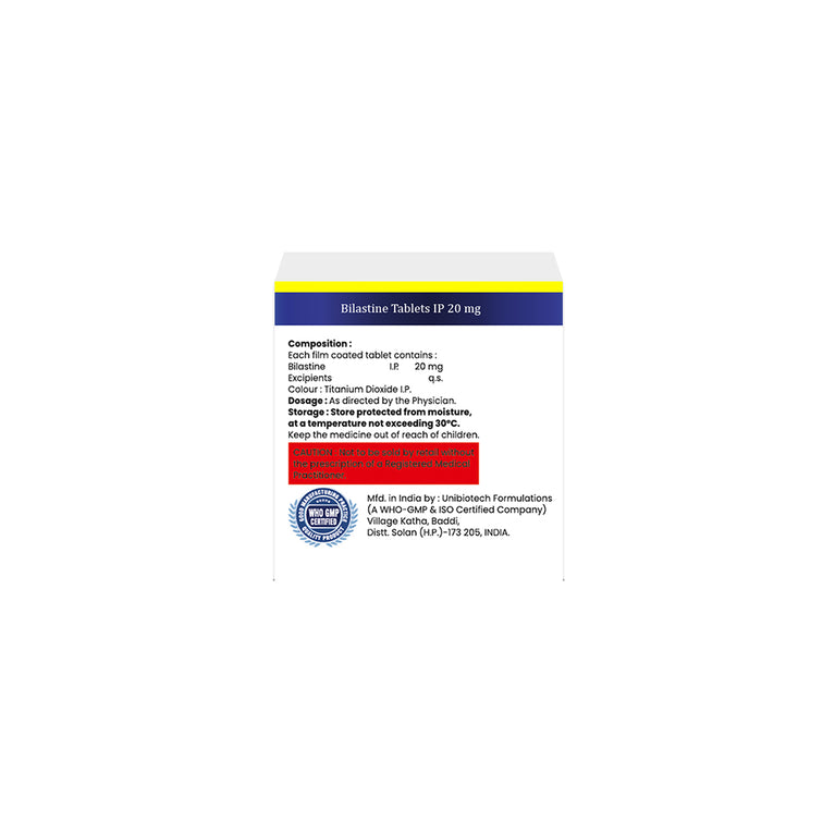 Box of Bilastine tablets 20mg composition image